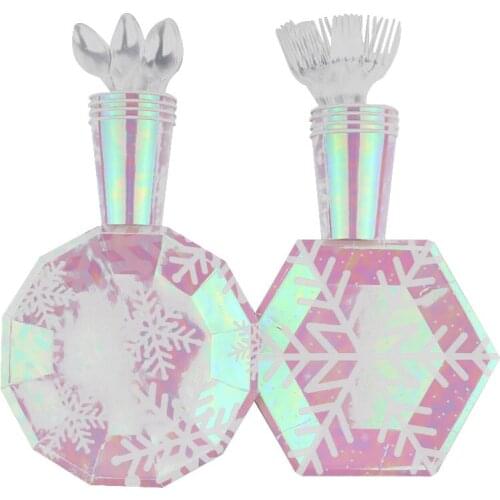 40Pc/Set Pink Laser Lnowflake Theme Disposable Tableware Birthday Decoration Baby Shower Plates Forks Tablecloths Party Supplies