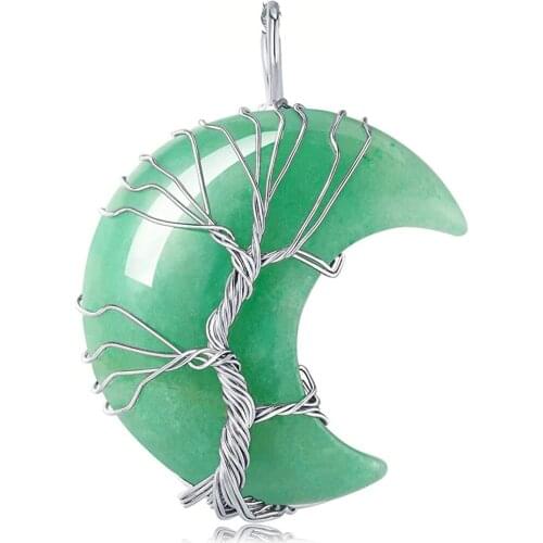 6PCS Tree of Life Wire Wrapped Crescent Moon Pendant Necklace Healing Crystal Stone Necklaces Natural Gem stone Quartz Jewelry