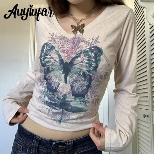 Auyiufar Butterfly Print Long Sleeves Fairy Grunge T Shirts V-neck Y2K Retro Aesthetic Tops Fall Spring 2021 Elfcore Clothing