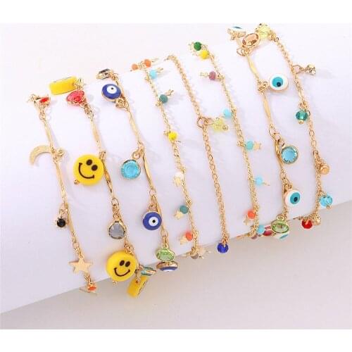 Boho Smiley Chain Anklets for Women Beach Foot Evil Eye Pendant Chains Crystal Charm Barefoot Anklet Jewelry Friend Gift