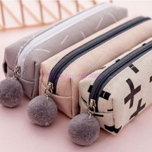 500pcs Plush Ball Pencil Case for Girls Cute Canvas Cosmetic bag Pen Bag Stationery Pouch Box kids gift office Supplies