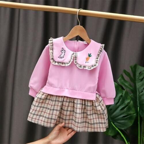 New Kids Dresses for Girls Fashion Children Long Sleeve Autumn Animal Print Ruffle Plaid Splicing Lovely Tutu Dress Baby Outfits