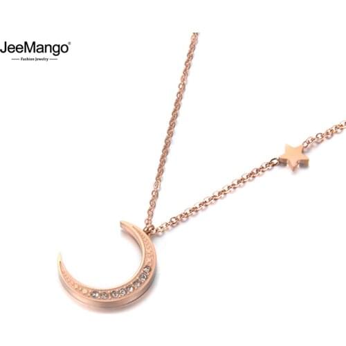 JeeMango Fashion Jewelry Star & Moon Pendant Rhinestones Inlaid Rose Gold Pendant Necklace For Women Chirstmas Gift JN18239