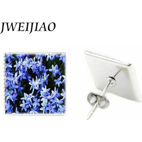 JWEIJIAO Fashion Brand Jewelry Elegant Square Stud Earrings Gypsophila Paniculata Glass Cabochon Ear Stud Earrings J245