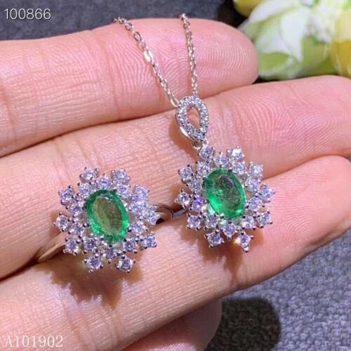 KJJEAXCMY exquisite jewelry 925 sterling silver inlaid natural emerald gemstone pendant necklace ring set support detection