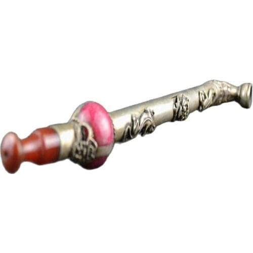 Collectibles Chinese Old Beijing secondhand goods Handmade Jade silver Water pipe