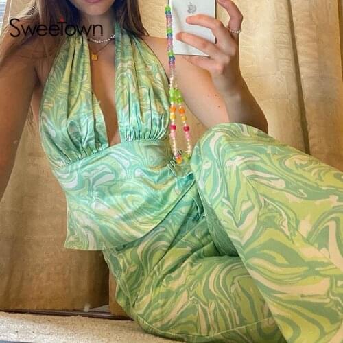 Sweetown Paisley Tie Dye Print Y2K Pants Suits 2 Piece Sets Womens Outfits Backless Halter Crop Top And High Waist Jogger Set