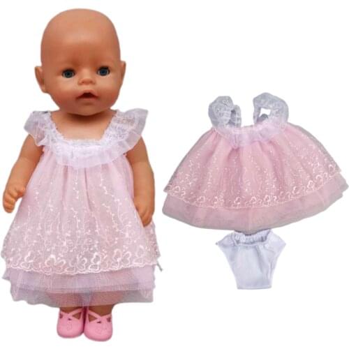 Dolls dress for 43cm born baby doll clothes lace dress with underwear for 18 inch girl doll pink dress