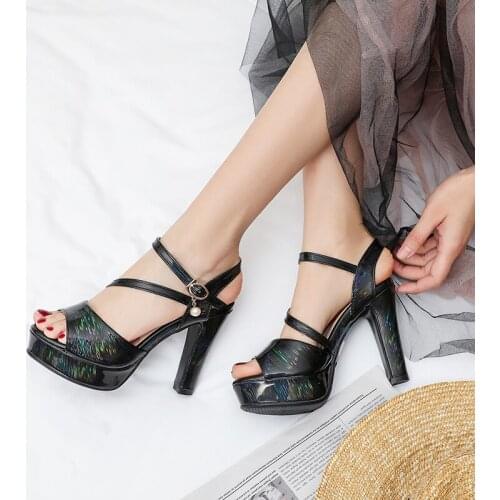 Summer Women Platform High Heels Sandals Open Toe Sequined Square High Heel Ladies Shoes Adjustable Buckle Party Heels Shoes