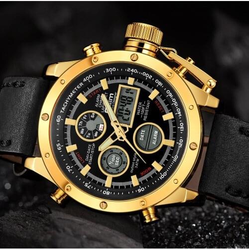 Multifunctional Leather Mens Watch Date Month Week Display Alarm Fashion LED Luminous Pointer Watch Men