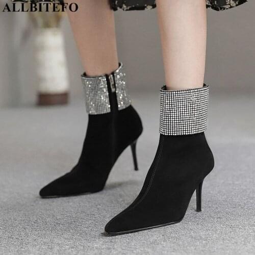 ALLBITEFO Rhinestone Pointed Toe Fashion Sexy Genuine Leather Women Boots Party Wedding High Heel Shoes Girls Female Ankle Boots
