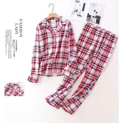 New Korean Womens Cotton Brushed Fabric Plaid Pajamas Women Long Sleeve Plus Size Sleepwear Winter Pijama Mujer Home Two Piece