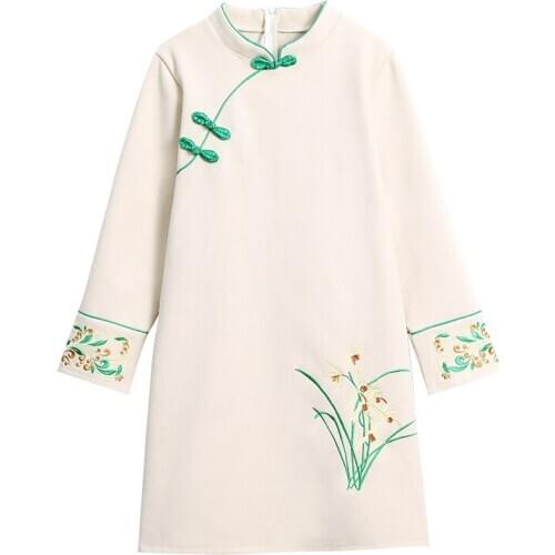 2020 New Autumn Winter Women Woolen Base Dress M-4XL High Quality Embroidery Vintage Chinese Style Improved Cheongsam Dress