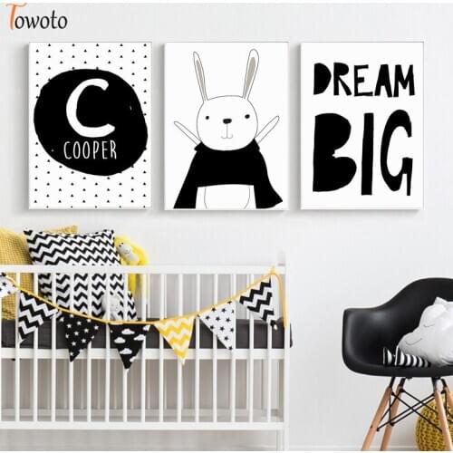 Bunny Print Quote Poster Cartoon Canvas Painting Black and White Wall Art Boys Monochrome Decorative Pictures Nursery Decor
