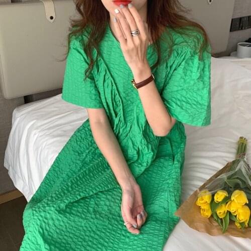 Green Folds Sundress Womens Summer 2021 New Round Neck Waist Puff Short Sleeve Mid-calf Dresses Female Tide