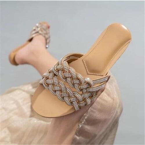 Womens Summer Slipper Ladies Flash drilling Weave PU Flat Shoes Fashion Slippers Women Casual Comfort sandals Female Footwear