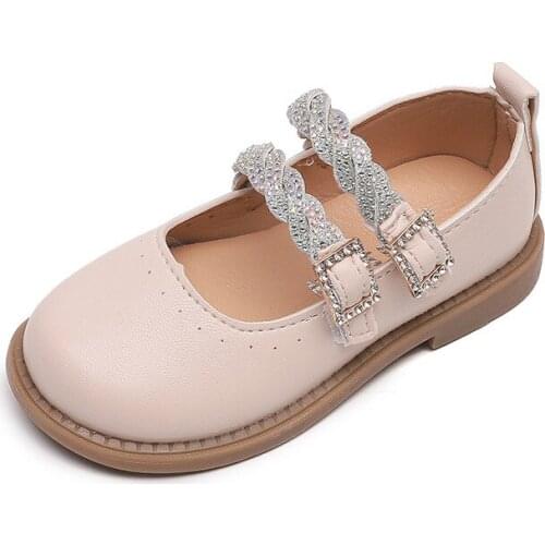 Fashion Childrens Leather Shoes For Students Performance Shoes Little Girls Single Shoes With Rhinestone Soft-soled Black Pink