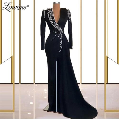 Custom Made Pearls Navy Blue Middle East Evening Dresses Vestidos Formales Long Sleeves Formal Dubai Arabic Kaftans 2021 Robes