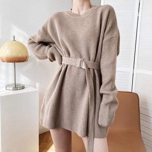 Women Knitted Dress Women Long Pullovers for Autumn Winter Dresses for Women Dress with Belt High Waist Elegant Fashion Dress
