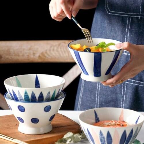 5 inch Japanese Rice Bowl Ceramic Dinner Bowl Soup Salad Bowl Chinese Cuisine Dinnerware Stripe Dot Design