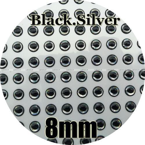 8mm 3D Black.Silver / Wholesale 600 Soft Molded 3D Holographic Fish Eyes, Fly, Jig, Lure