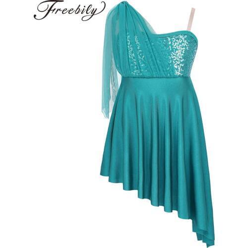 Girls Sequins Ballet Leotard Side Split Irregular Hem Skating Modern Ballet Dance Dress Kids Lyrical Contemporary Dance Costumes