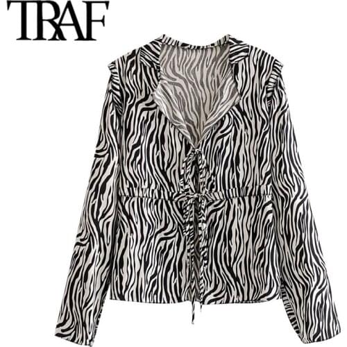 TRAF Women Fashion With Tied Animal Print Blouses Vintage V Neck Long Sleeve Female Shirts Blusas Chic Tops