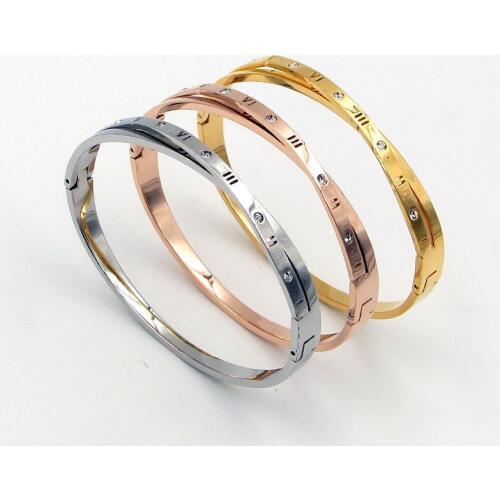 Fashion Stainless Steel Better Round Crystal Roman Numerals Cross Bangle Bracelet Rose Gold Color Woman Party Gift