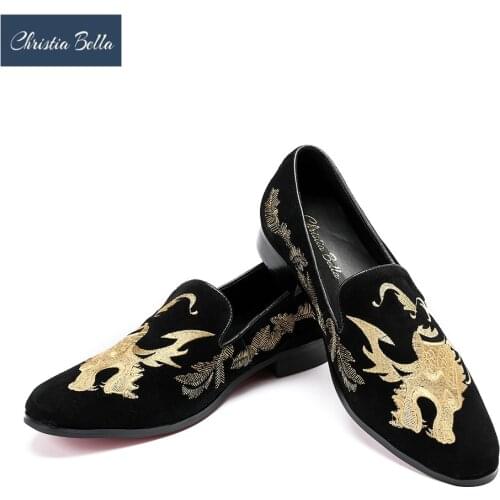 Christia Bella Fashion Party and Wedding Men Dress Shoes Handmade Dragon Embroidery Men Loafers Suede Leather Smoking Slippers