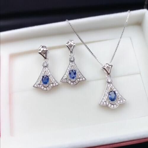 Cuted S925 Silver Natural Sapphire Jewelry Sets Pendant Stud Earrings For Women Party Fine Jewelry Real Blue Sapphire Gemstones
