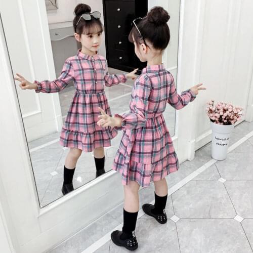 Jkids Children Dress 2021 spring Autumn plaid Girls Pattern Pocket Long-Sleeve Dress teenager Clothes 4 5 6 7 8 9 10 11 12 year