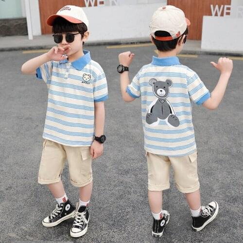 Summer Kids Clothing Suits 2-8 Y Baby Boys Casual Fashion 2pcs Set Lapel Striped Bear T-shirts+khaki Shorts Handsome Set For Boy