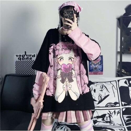 Kawaii Cartoon Sweet Girls T-Shirt Long Sleeve Streetwear Harajuku Pink Gothic Casual Tops Vintage Loose Summer Woman Tshirts