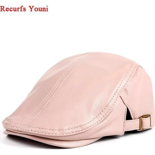 HOT RY9119 Winter Women Genuine Leather Thin Beret Hats Ladies Korean Fashion Boina Pink/Red/White Caps Mujer Casual Casquette