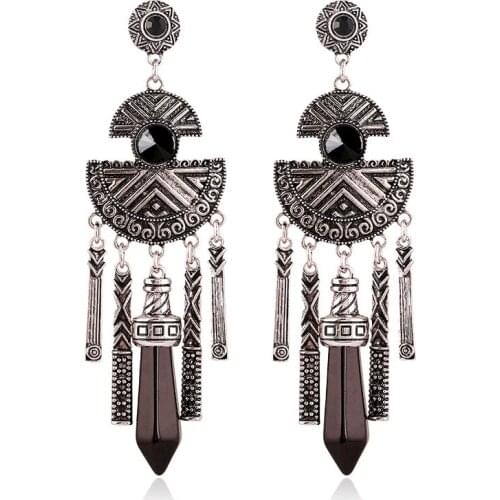 ISINYEE Vintage Heavy Ear Big Black Crystal Drop Earrings For Women Antique Silver Ethnic Earring Female Bijoux Jewelry