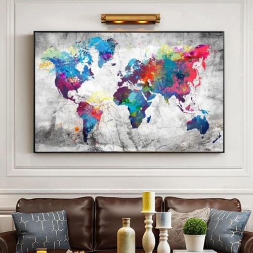 Modern Printed Canvas Print Painting Colorful World Map Home Decoration Wall Art Canvas Pictures for Living Room Home Decor
