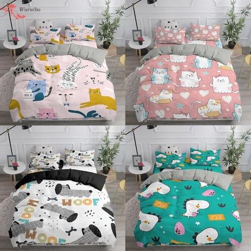 Nordic Cartoon Cute Cat Dog Bedding Set Animal Twin Single Size Quilts For 90/135/150 Bed Comforter Duvet Cover Bed Clothes Set