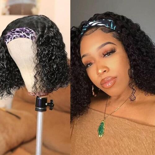 Short Curly Bob Wig Headband Wig Human Hair Glueless Full Machine Made Fringe Wig Brazilian Remy Human Hair Wigs For Black Women