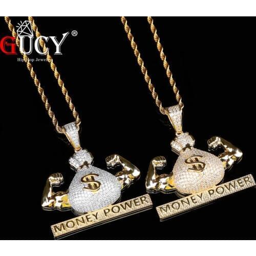 GUCY US Dollar Money Power Pendant Necklace & Pendant Free Cuban Chain Gold Color Cubic Zircon Mens Hip Hop Jewelry For Gift