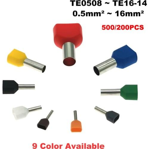 Copper Crimp Terminals TE0508~16-14 Dual Wire Tube Insutated Cord End Electric Double Line Cable Ferrules 0.5~16mm2 500/200Pcs