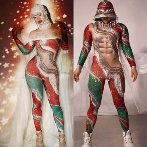 Male Female Dance Team Performance Costume Christmas Party Nightclub Stage Wear Bar Club Printed Stones Skinny Jumpsuit Clothes