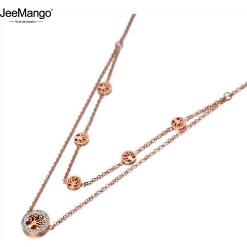 JeeMango Original Design Titanium Stainless Steel Double Layer Tree Choker Necklaces Rhinestone Plant Necklace For Women JN20007