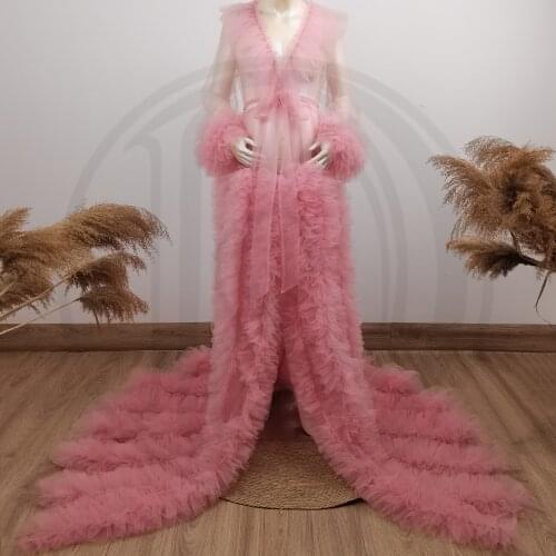 Maternity Dress Long Sleeves Maxi Tulle Pregnancy Gown Party Evening Robe with Floral for Women Photo Shoot Baby Shower Gift