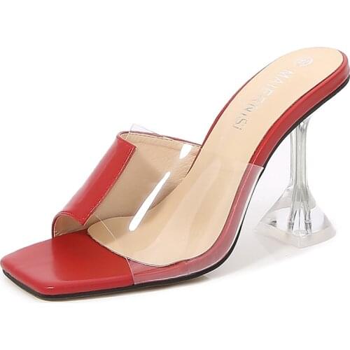 Casual daily style slipper wine glass transparent large size high heels color matching fish mouth female sandals fashion