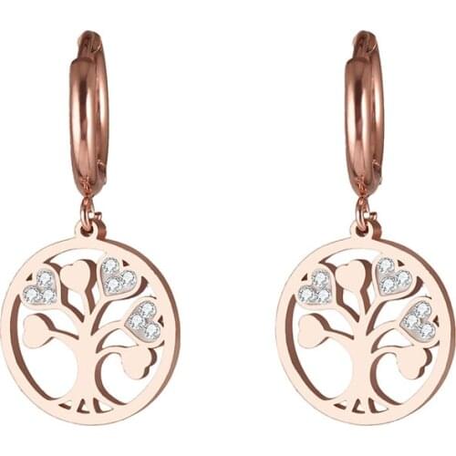 Luxury Womens Stainless Steel Earrings Rose Gold Round Tree Of Life Charm Hoops Korean Ear Jewelry Friendship Best Gift 2020