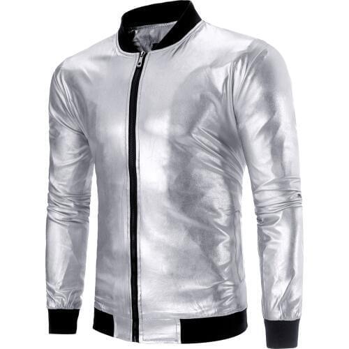 Silver Metallic Bomber Jacket Men Mandarin Collar Shiny Night Club Baseball Varsity Jacket Men Casual Slim Fit Mens Jacket Coats