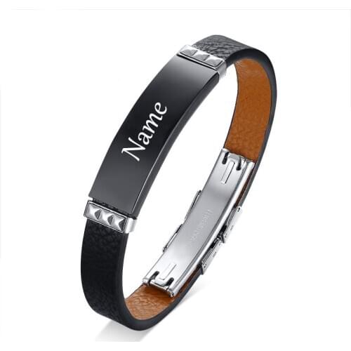 Silicone Engrave Name Leather Bracelet for Men DIY Black Stainless Steel Bracelets Fashion Jewelry Dropshipping