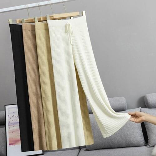 2021 Summer New Quzhu Ice Silk knitted Pants High Waist Solid Color Wide Leg