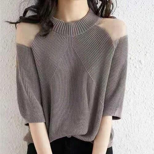 Mesh short-sleeved ice silk knit sweater ladies new fashion loose pullover round neck solid color all-match blouse women summer