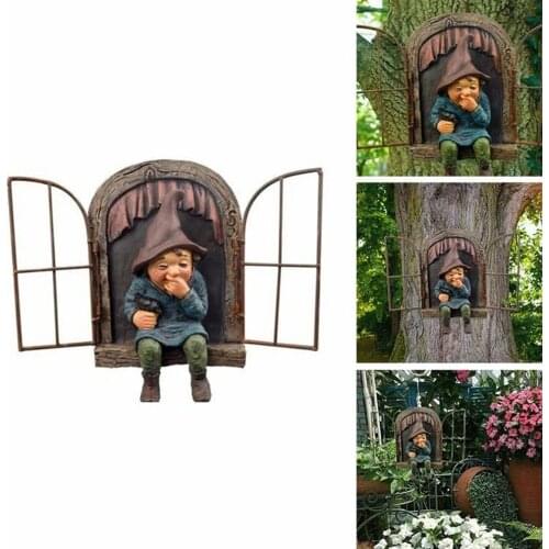 Elf Out The Door Funny Resin Figurines Garden Decoration Tree Sculpture Porch Ornament Art Figurines Naughty Garden Gnome Peeker